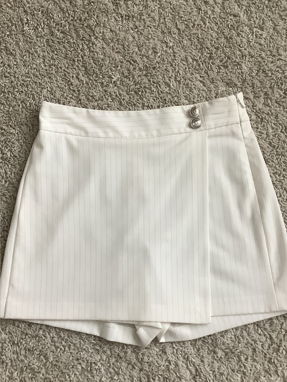 White House Black Market White Pinstripe Wrap-Front Skort with Button Accents